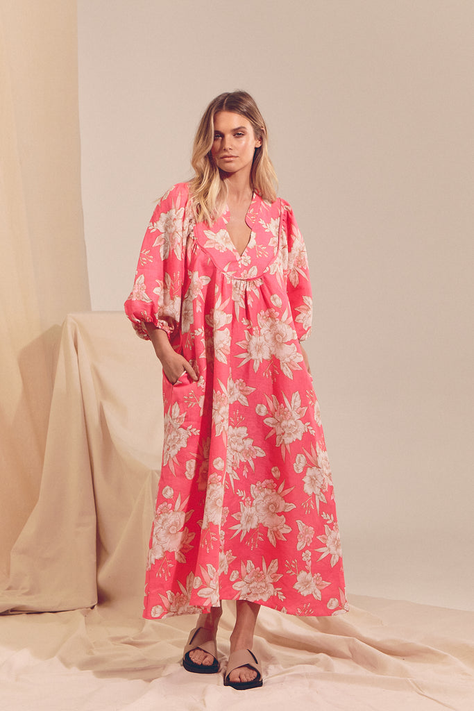 Hawaii Rose Boheme Linen Midi Dress Lilac and Mila